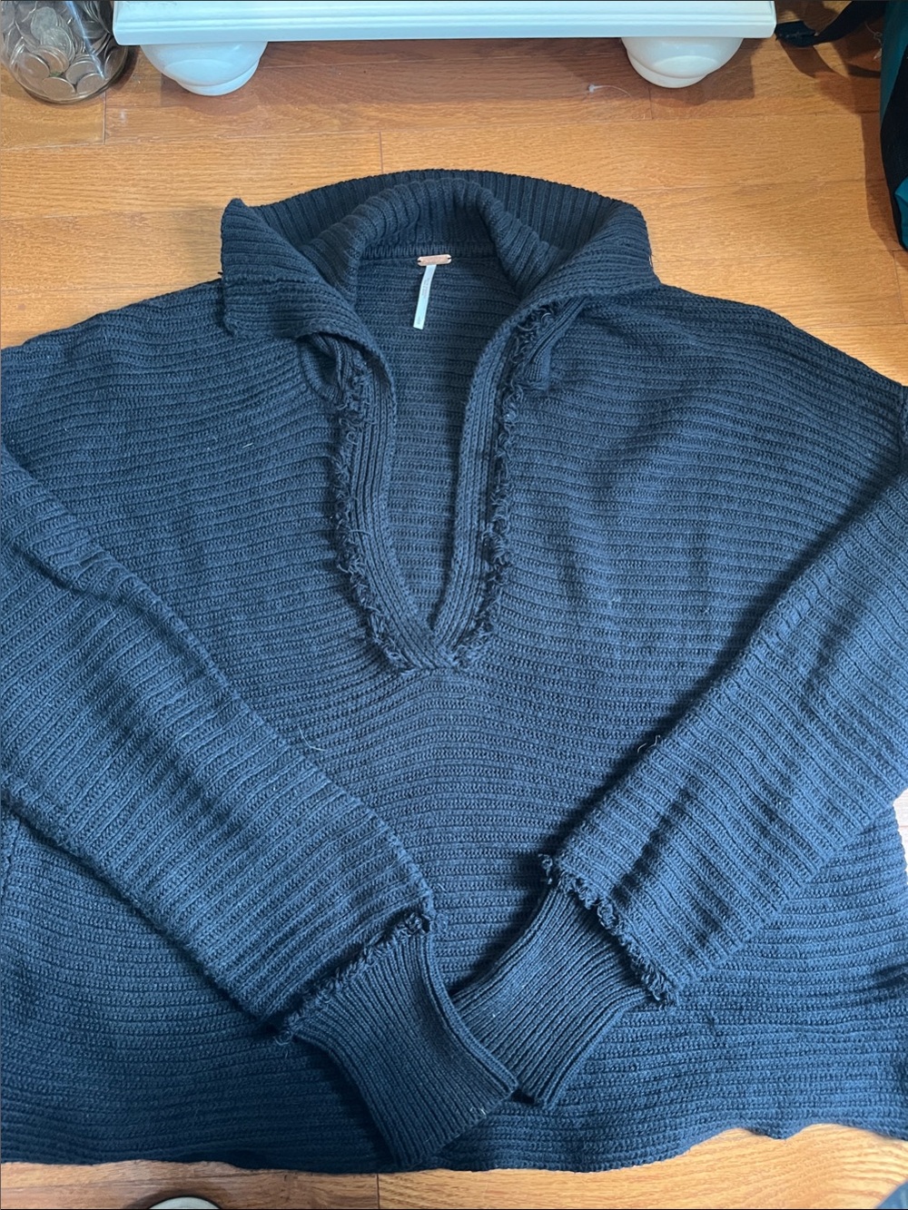 Free People Black  Ribbed V-Neck Sweater with Frayed Trim